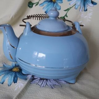 Vintage Powder Blue Teapot Kettle Gold Trimmed Footed Vintage Retro Kitchen