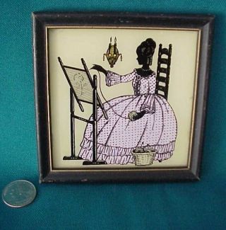 Vintage Silhouette Reverse Painting Victorian Woman W/spinning Wheel