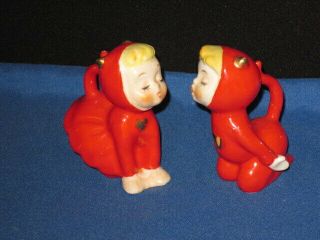 Vintage Holiday Christmas Salt And Pepper Shakers Girls In Red Cat Costumes