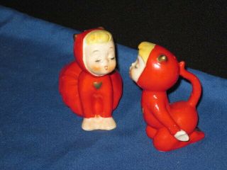 Vintage Holiday Christmas Salt and Pepper Shakers Girls in Red Cat Costumes 2