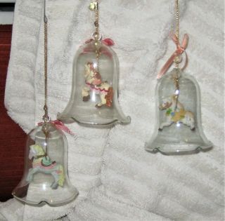 3 Vintage Jsny Carousel Porcelain Painted Horse Glass Bell Ornaments