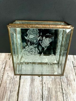 Vtg Glass & Brass Box Trinket Jewelry Square Flower Rose Etched Mirror Bottom