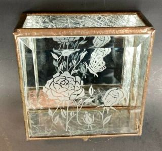 Vtg Glass & Brass Box Trinket Jewelry Square Flower Rose Etched Mirror Bottom 2