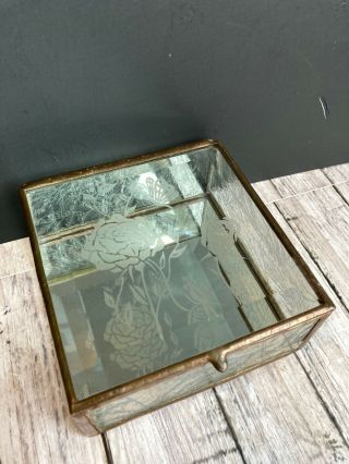 Vtg Glass & Brass Box Trinket Jewelry Square Flower Rose Etched Mirror Bottom 3