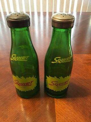 1949 Green Glass Squirt Soda Pop Salt & Pepper Shakers W/metal Lids Tops Vintage
