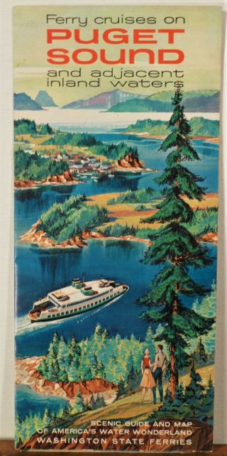1962 Washington State Ferries Vintage Travel Brochure & Map Illustrated Cover B