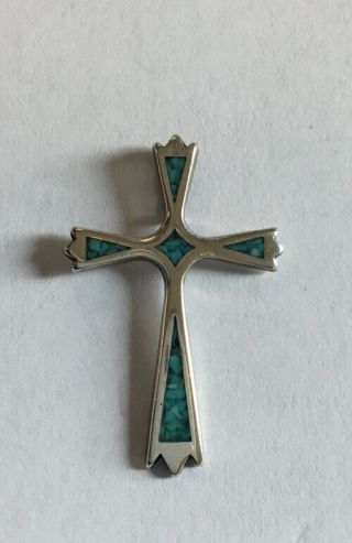 Vtg Native American Navajo Sterling Silver Turquoise Inlay Cross Signed Jf