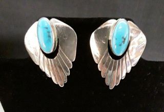 Native American Vintage Signed S.  J.  Sterling Silver & Turquoise Earrings.