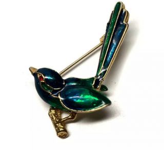 Vintage Blue Green Enamel Gold Tone Bird On Branch Brooch Pin