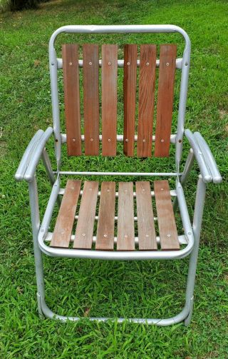 Vtg Mid Century Aluminum Folding Redwood Wood Lawn Chair Seat