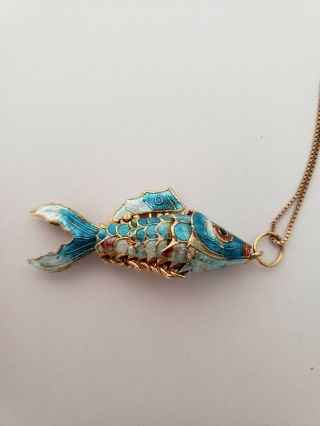 Vintage Jointed Cloisonne Enamel Koi Fish Pendant On Gold Plated Sterling Chain