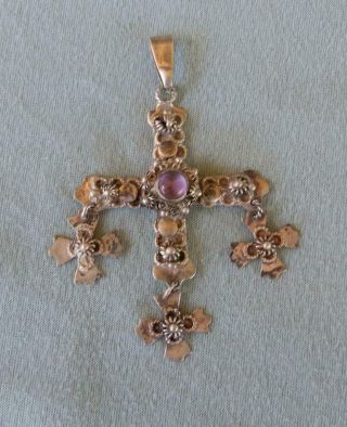 Vintage Jcb Taxco Mexico Sterling Silver & Amethyst Yalalag Cross Pendant