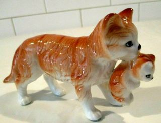 Vintage Orange Tabby Cat Porcelain Figurine Mama Carrying Kitten In Mouth Japan