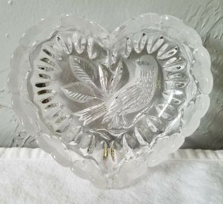 Vintage Heart Shaped Glass Bowl With Embossed Bird Image