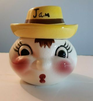 Vintage Deforest Hand Painted Jam Jar Great Face Yellow Hat Lid