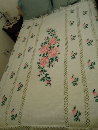 Vintage Handmade Crocheted Knit Afghan Throw Blanket Pink Roses 75 " X 58 "