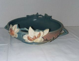 Vintage Roseville Usa " Magnolia " Blue And White Console Bowl 448 - 8