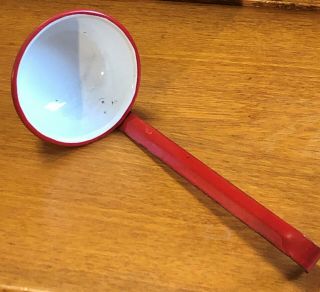 Vintage Porcelain Enamel Ware Water Dipper White & Red 10” Long Scoop Ladle
