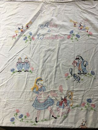 Vtg Baby Crib Coverlet Sheet Hand Embroidered Alice In Wonderland 36 " X 55 "