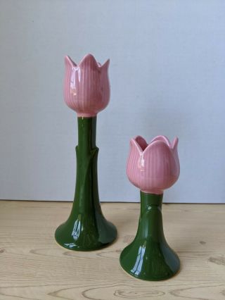 Two Vintage Ceramic Tulip Candle Holders Pink And Green