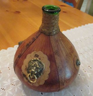 Vintage Leather Wrapped Wine Bottle Decanter Lions Head Made In Italy.