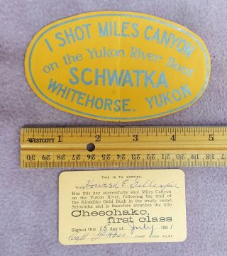 1961 Schwatka Miles Canyon Whitehorse Yukon Cheechako 1st Award Card & " Sticker "