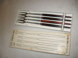 4 Piece Vintage Royal Dolphin Stainless Steel Fondue Fork Set Wood Mid Century H