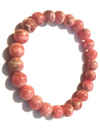 Vintage Pink Agate Polished Stone Bead Stretch Bracelet 7”
