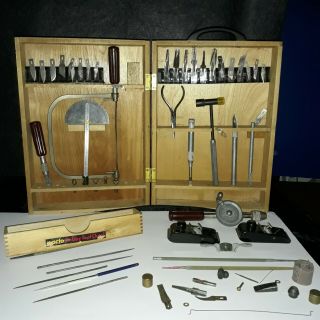 Vintage X - Acto Tool Set.  Great Selection Of Tools.  Wood Dovetailed Box