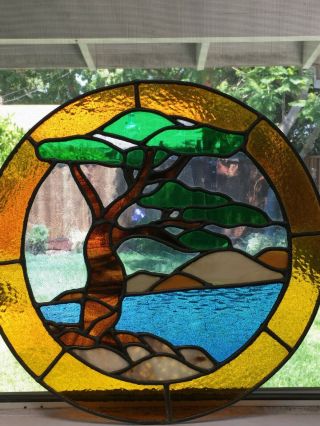 Vintage Leaded Beveled Stained Glass Round Window Panel 19 " Tree Landscape