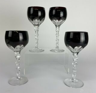 Vintage Set 4 Bohemian Czech Dark Ruby Red Cut To Clear Crystal Wine Glass Sms