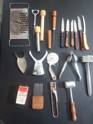 Vintage 19pc Kitchen Junk Drawer Tenderizers,  Ice Pic,  Grater,  Corkscrew,  Knives,  Etc