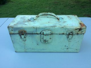 Vintage Early Rustic Heavy Duty Metal Tool Tackle Box Old Green Paint 14 " X6 " X6 "