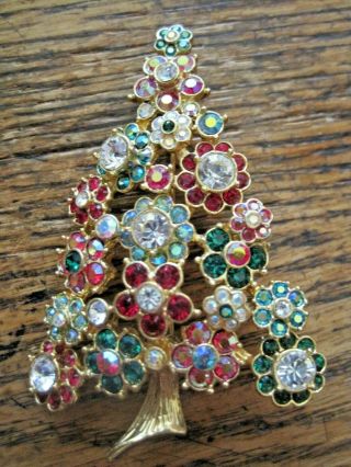 Kirks Folly Vintage Red Green Clear Aurora Rhinestone Christmas Tree Pin Signed