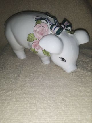 Vintage Seymour Mann Ribbon Roses Hand Painted Pig Figurine Porcelain Piggy