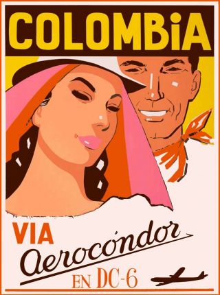 Colombia Via Aerocondor South America Vintage Travel Advertisement Art Poster