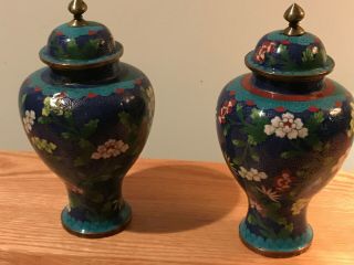 Vtg Chinese Cloisonne Blue Enamel Gilt Brass Floral Lidded Jar/urn/vase