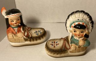Vintage Salt Pepper Shakers Japan Native American Indian Children In Moccasin
