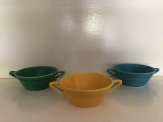 3 Vintage Hlc Harlequin Fiesta Cream Soup Bowls Light Green,  Turquoise,  Yellow