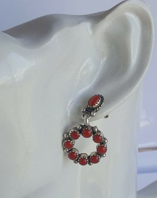 Vintage Southwestern Edison Yazzie Sterling Drop Earrings W Coral Stones