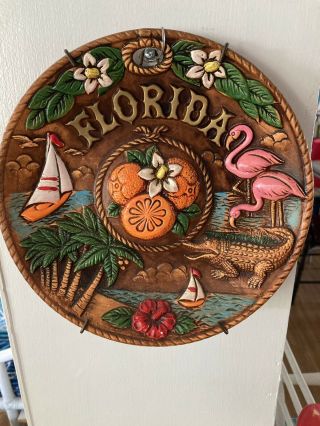 Vintage Florida Souvenir Ceramic Plate Flamingo Oranges Alligator Hanging
