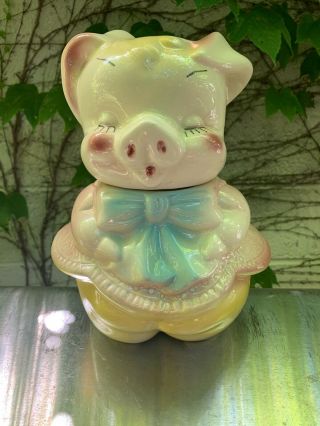 Vintage Adorable American Bisque Girl Pig Cookie Jar Pastel Color 