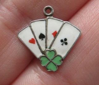 Vtg Tiny German 800 Silver 4 Leaf Clover Playing Cards Enamel Good Luck Charm