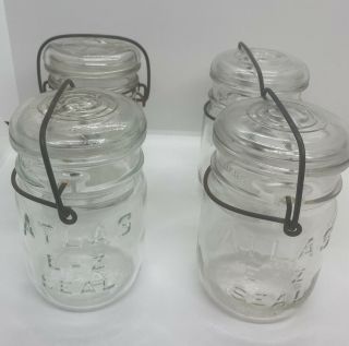 Vintage Atlas E - Z Seal Canning Jars (4) Pint Glass Lids And Wire Bails