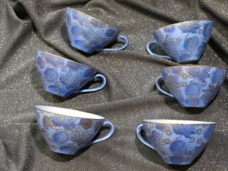 6 Vintage Hand Painted Gorgeous Blue & Gold Tea Cups By Dorothy C Thorpe