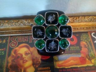Vtg Clamper Black Lucite Onyx Cameo Green Big Chunky Art Deco Bracelet 2 1/2 "