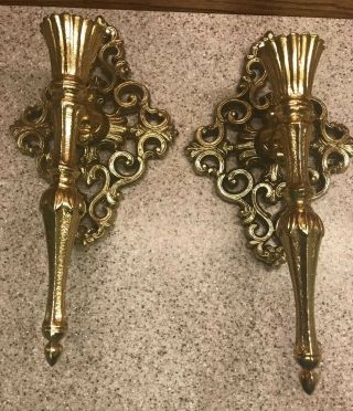 Pair Vintage Cast Metal Wall Sconce Candle Holder Elegant Heavy Golden Scroll