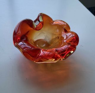 Vintage Mid Century Modern Orange Art Glass Ash Tray Autumn Cigar Ashtray Red 3