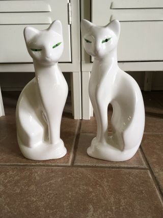 Vintage Pair Ceramic White Cats Mid Century Modern - Green Eyes,  10 " Tall