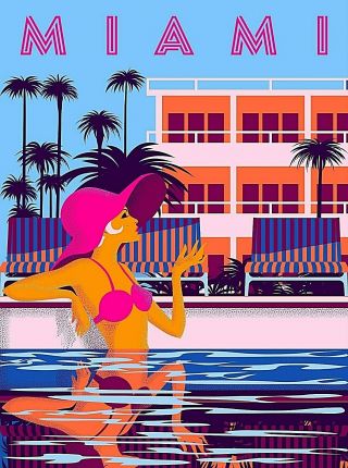 Miami Beach Florida Girl In Pool Retro Travel Wall Decor Art Deco Poster Print